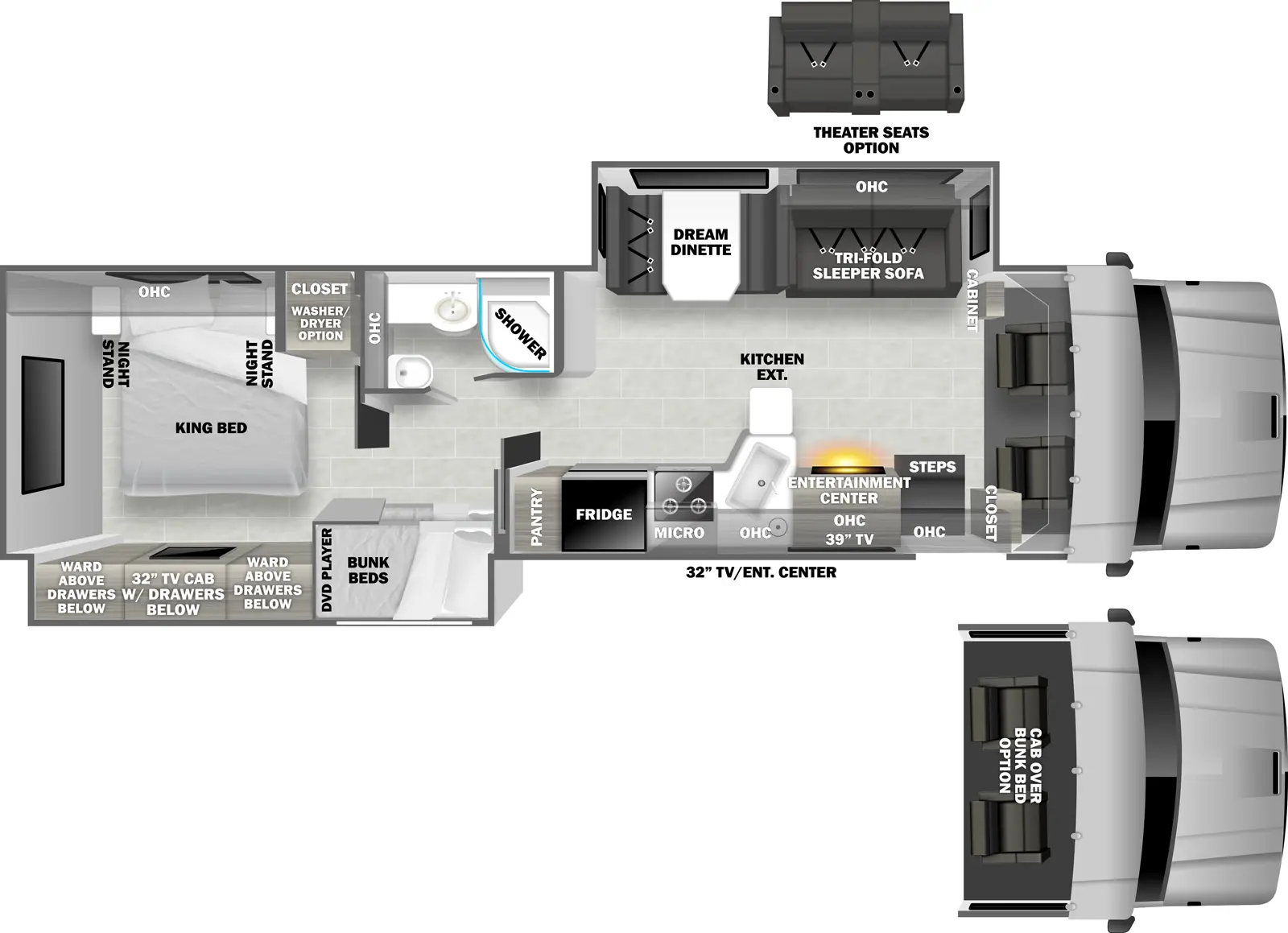 The 3700BD has two slideouts and one entry. Exterior features a TV/entertainment center. Interior layout front to back: cockpit (optional cab over bunk bed); off-door side cabinet, and slideout with tri-fold sleeper sofa (optional theater seating) with overhead cabinets, and dream dinette; door side closet, entry, entertainment center with TV, overhead cabinet, kitchen counter with extension, sink, microwave, cooktop, refrigerator, and pantry; off-door side full bathroom with overhead cabinet; door side slideout with bunk beds with DVD player, and bedroom wardrobe with TV and drawers below; rear bedroom with off-door side closet with washer/dryer option, and side-facing king bed with overhead cabinet and night stands on each side.